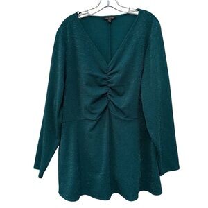 ✨ Lane Bryant Womens 22/24 Teal Metallic Ruched V Neck Long Sleeve Tunic Top